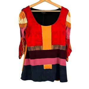 Eva Varro Red Orange Colorblock 3/4 Ruched Sleeve Top M